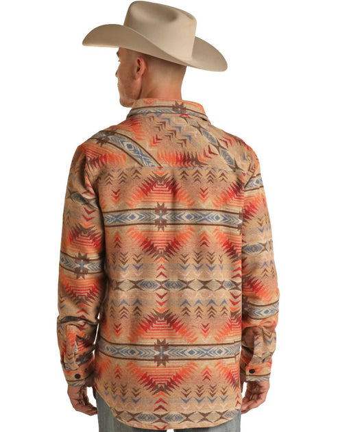 Rock & Roll Denim Aztec Jacquard Shirt Jacket In Tan/multi | ShopSimon