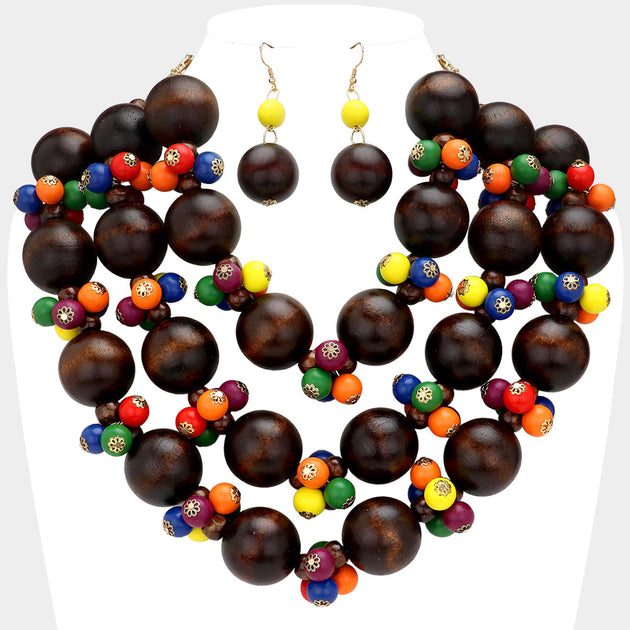 FASHNZFAB Wood Ball Beaded Triple Layered Statement Necklace Black 3