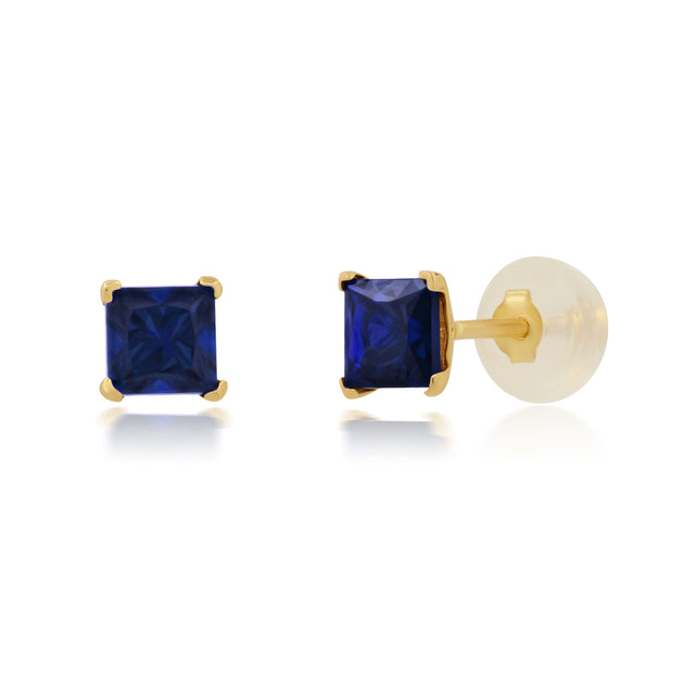 MaxColor 14k Yellow Gold Square Princess Cut 4mm Gemstone Stud Earrings Blue 4