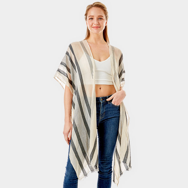 TRUEDAMES Striped Lurex Poncho Beige One Size 2