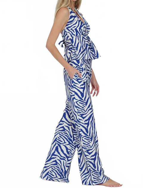 Aakaa Halter Tie Back Waisted Top Long Pants Set In Ivory/blue