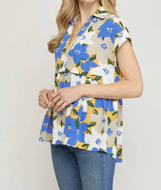 Entro Floral Print V-Neck Top Blue Small 3