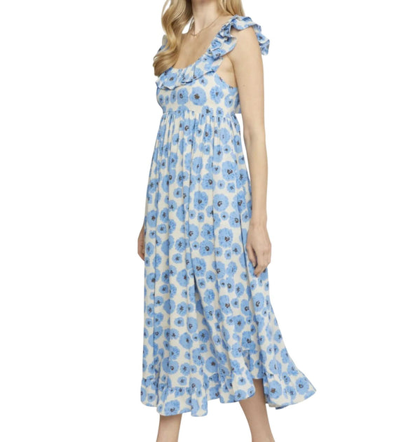 entro Floral Midi Dress Tie Back Blue Large 2