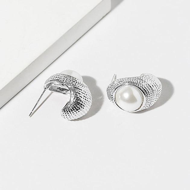 FASHNZFAB Textured Crescent Hoop Earrings Silver 2