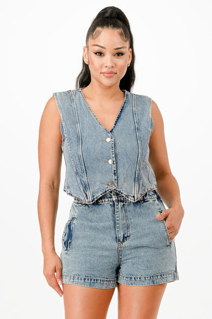 TRUEDAMES Denim Vest And Shorts Set Blue Small 2