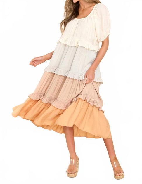 entro Colorblock Tiered Midi Dress Beige Large 4