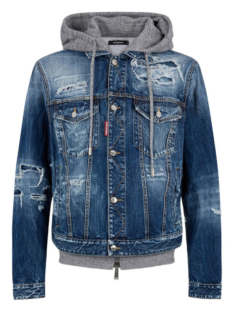 Dsquared2 Distressed Denim Jacket With Grey Hood And Ribbed Cuffs Blue XLarge 2