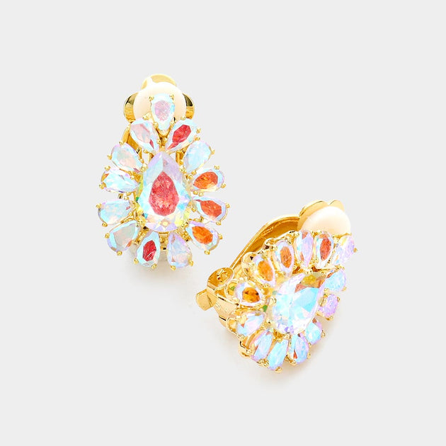 FASHNZFAB Teardrop Stone Cluster Clip On Earrings Pink 2