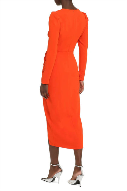 Self-Portrait Crepe Ruched Midi Dress Orange US 4 3