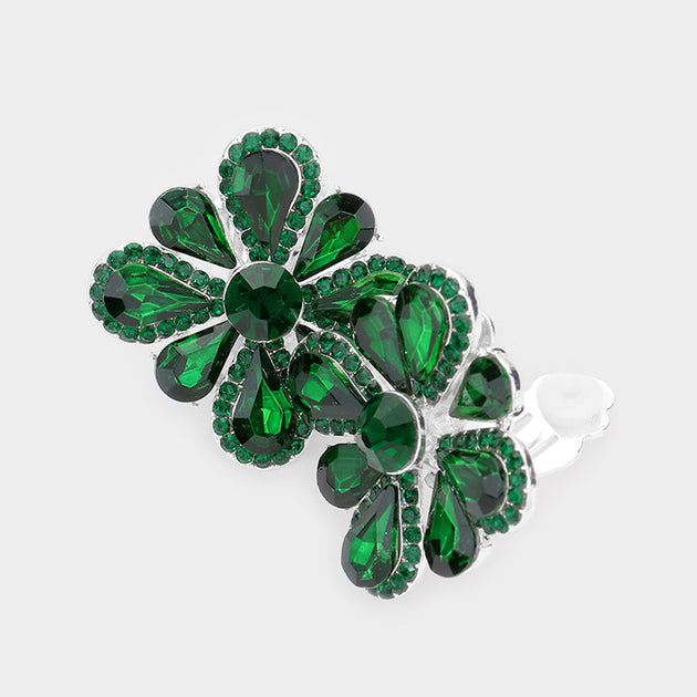 FASHNZFAB Clover Glass Stone Cluster Clip On Earrings Green 3