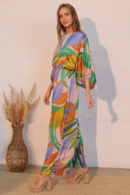 TRUEDAMES Isla Tropical Satin Boat Neck Blouson Jumpsuit Blue Large 4