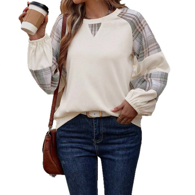 Masyal Plaid Patchwork Sweatshirt Beige Small 2