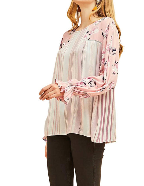 Entro Striped Floral Lace Blouse Pink Large 3