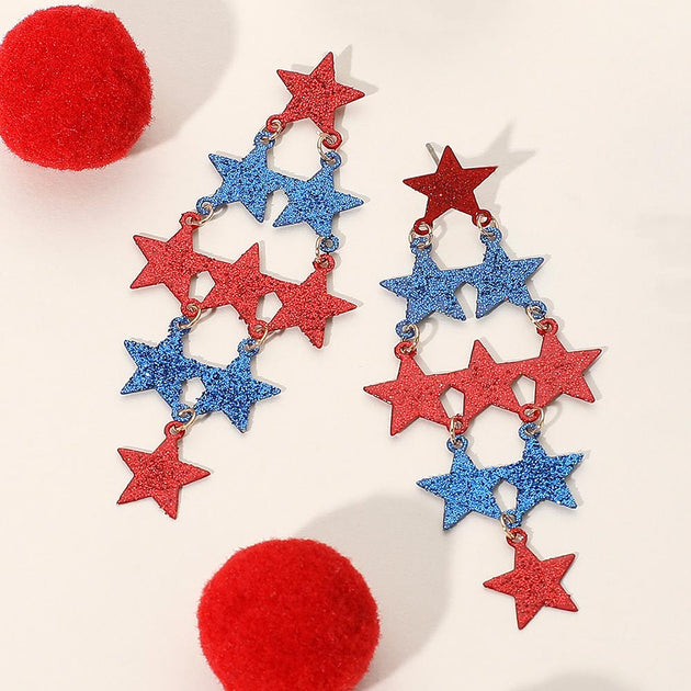 FASHNZFAB American USA Star Sequin Chandelier Earrings Orange 2