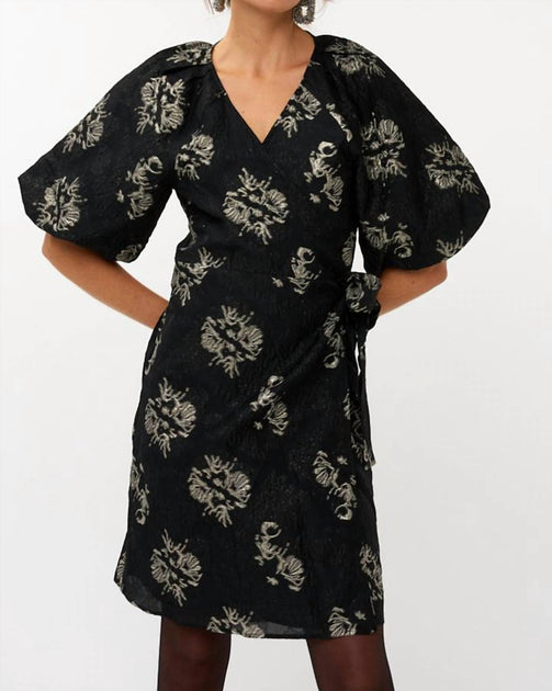 ESQUALO Jacquard Puff Sleeve Dress Black US 8 2