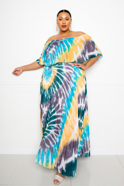 TRUEDAMES Tie Dye Off Shoulder Pleated Maxi Dress Multi 2X 4