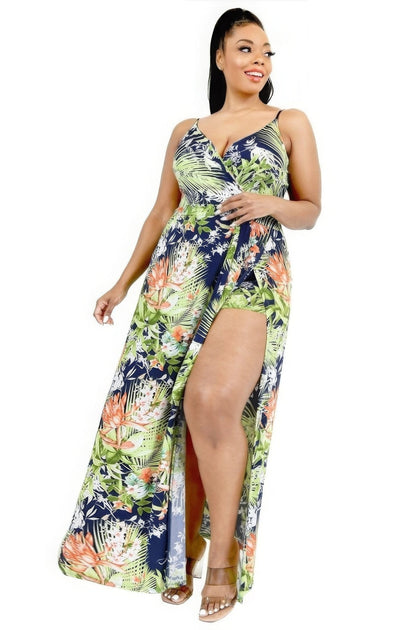 TRUEDAMES Plus Tropical Leaf Print Surplice Maxi Dress Multi 3X 3