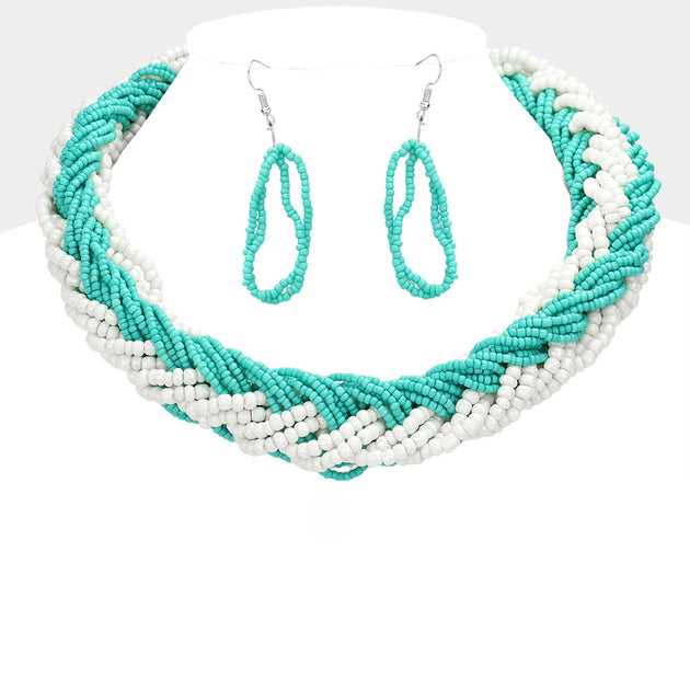FASHNZFAB Braided Two Tone Seed Beaded Necklace Blue 4