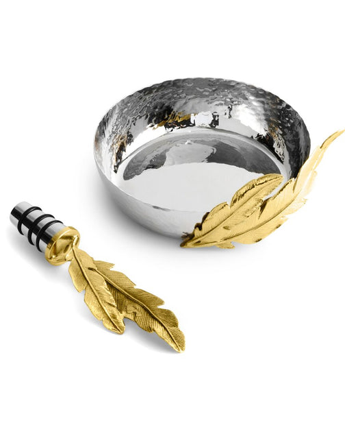 Michael Aram Gold Feather Coaster and Wine Stopper Set 2