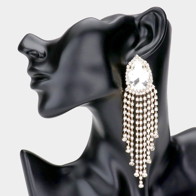 FASHNZFAB Teardrop Stone Accented Fringe Dangle Earrings Black 2