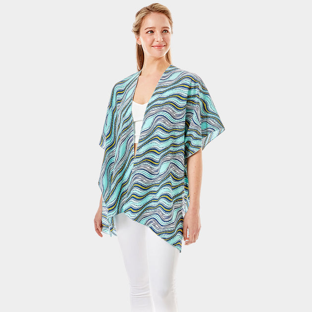 TRUEDAMES Wavy Printed Lurex Cover Up Poncho Red One Size 3