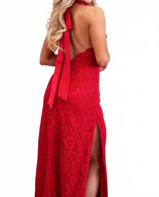 LUXXEL Delilah Lace Halter Neck Maxi Dress In Red