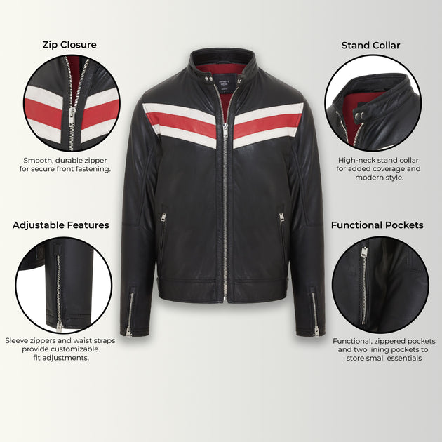 Infinity Aniak Mens Cafe Racer Leather Jacket Black/White/Red Medium 3
