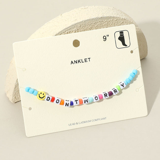 FASHNZFAB Smile Dont Worry Message Charm Beaded Anklet Turquoise Blue 4