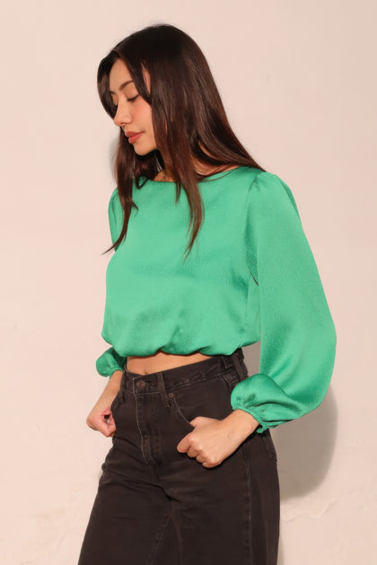TRUEDAMES Hammered Satin Long Sleeve Crop Top Beige Medium 4