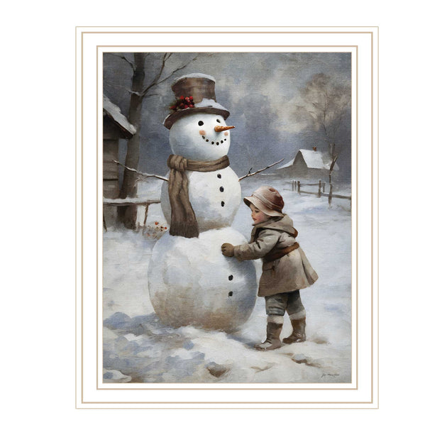 Hivvago Boy Building A Snowman White Framed Wall Art 3