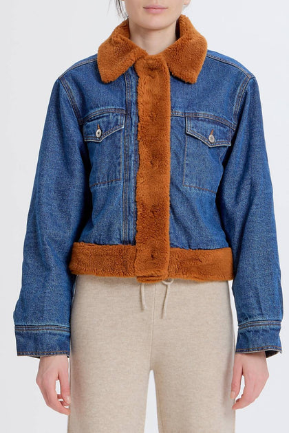 SOMETHING NAVY Denim Teddy Trucker Jacket Blue Large 2