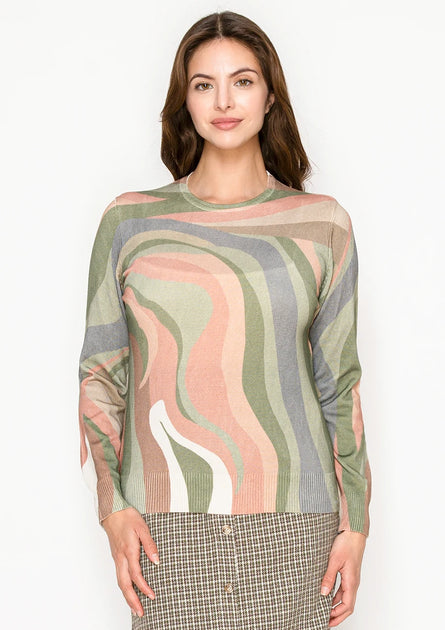 Yal New York Abstract Wave Print Sweater Earth Tones Green Large 2
