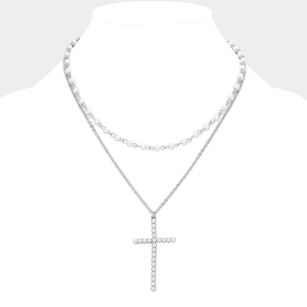 FASHNZFAB Pearl Cross Pendant Layered Necklace Silver 2