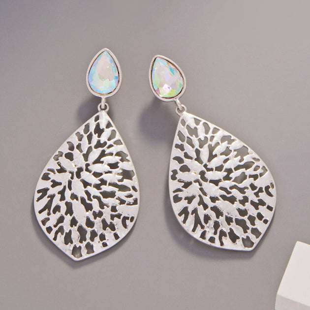 FASHNZFAB Teardrop Stone Metal Filigree Dangle Earrings Silver 2