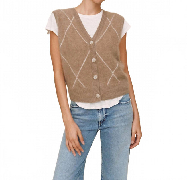 Bella Dahl Women's Cashmere Argyle Vest Spiced Chai Large 2