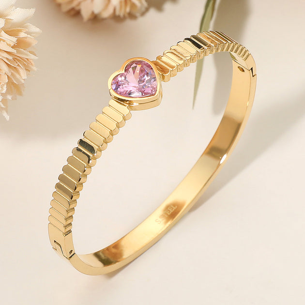 FASHNZFAB Heart Stone Accent Bangle Bracelet Pink One Size 2