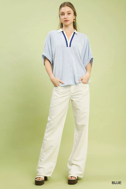 TRUEDAMES Contrast Collar V-Neck Top Blue Small 3