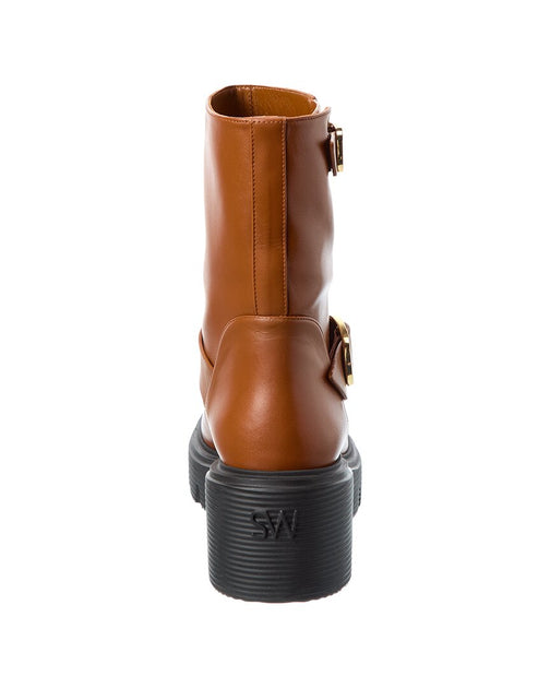 Stuart Weitzman Soho Leather Moto Bootie Brown 9 4