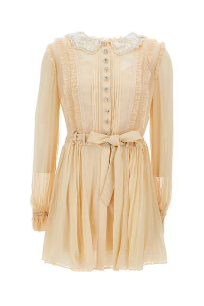 Self-Portrait Pleated Georgette Mini Dress Beige UK 6 2