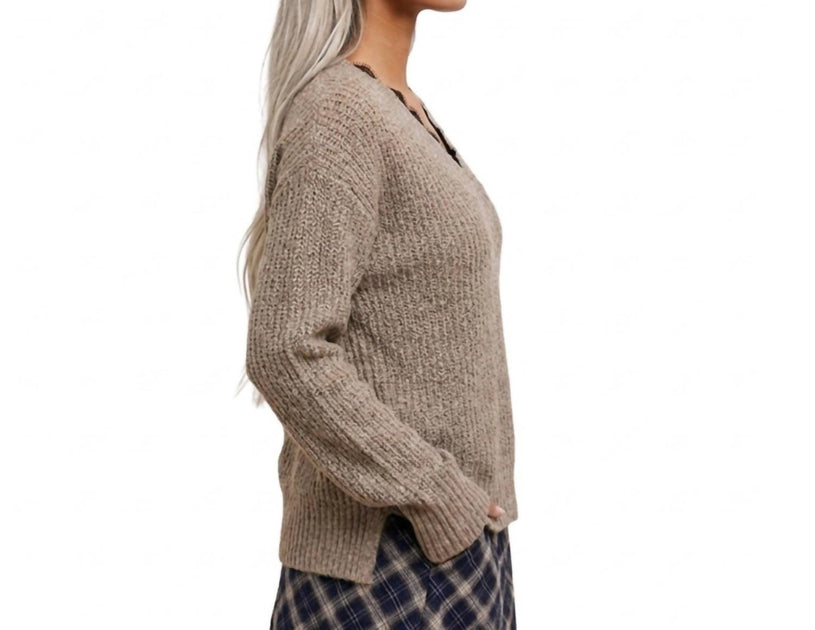 LA MIEL Boho Spitze V-Ausschnitt Rippstrick Pullover Beige Medium 4