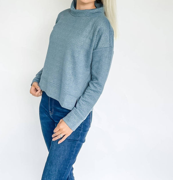 TRIBAL Puckered Knit Funnel Neck Top Blue Small 4