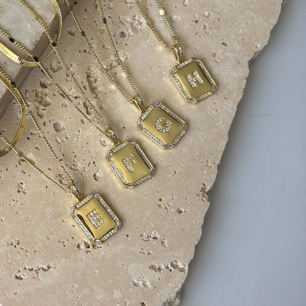 Adornia Tag Pendant Herringbone Chain Necklace Set Gold 3
