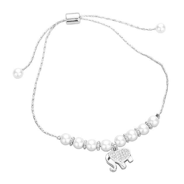 FASHNZFAB Elephant Charm Pearl Beaded Bracelet Silver One Size 3