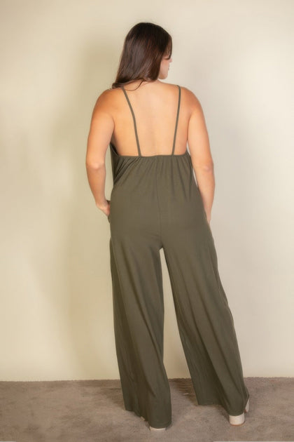 TRUEDAMES Plus Spaghetti Strap Wide Jumpsuit Beige 1X 3