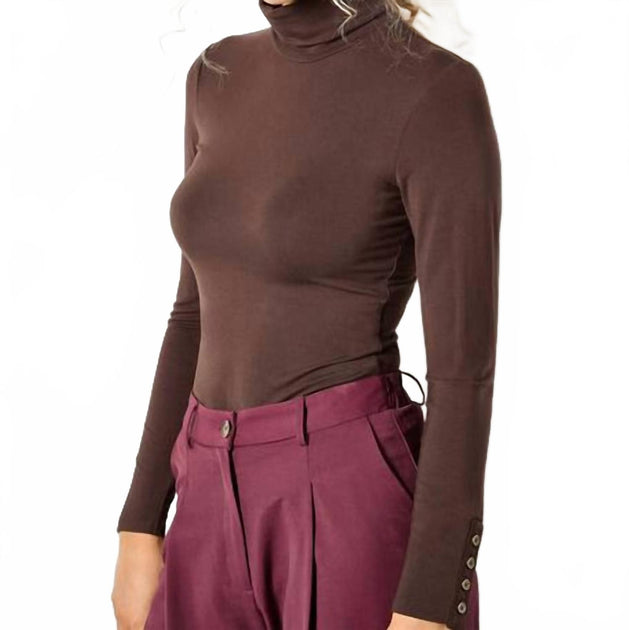 APRICOT Turtle Neck Button Cuff Top Brown Small 2