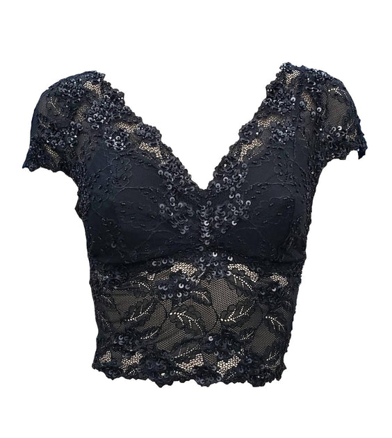 PJ Harlow Grace Lace Hand Beaded Cami With Sleeves Black Large 3