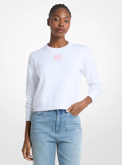 Michael Kors Embellished Logo Cotton Blend Sweater White XL 2