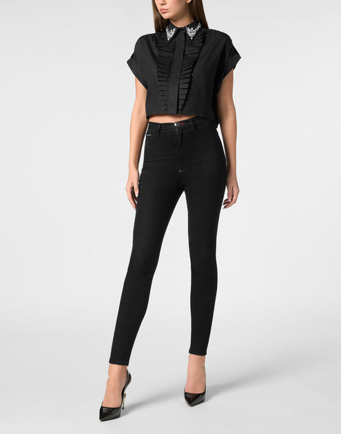 Philipp Plein Volant Cropped Shirt Strass Black Medium 3