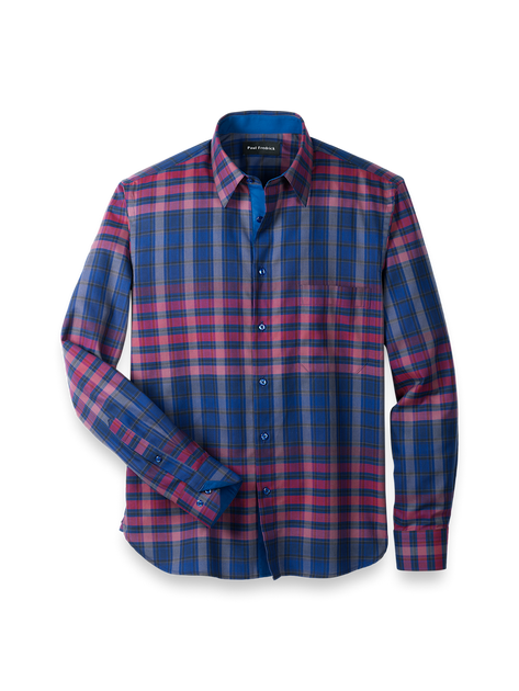 Paul Fredrick Cotton Plaid Point Collar Casual Shirt Blue XL 2