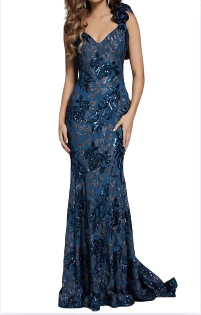 Jovani One Shoulder Sequin Gown Blue US 12 2